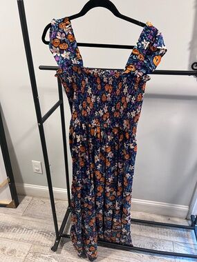 MELLODAY Navy Floral Smocked Dress with Orange & Pink Accents